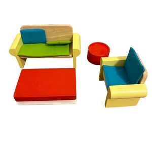 Goki Dollhouse Furniture Livingroom Sofa, Chair, Coffee Table